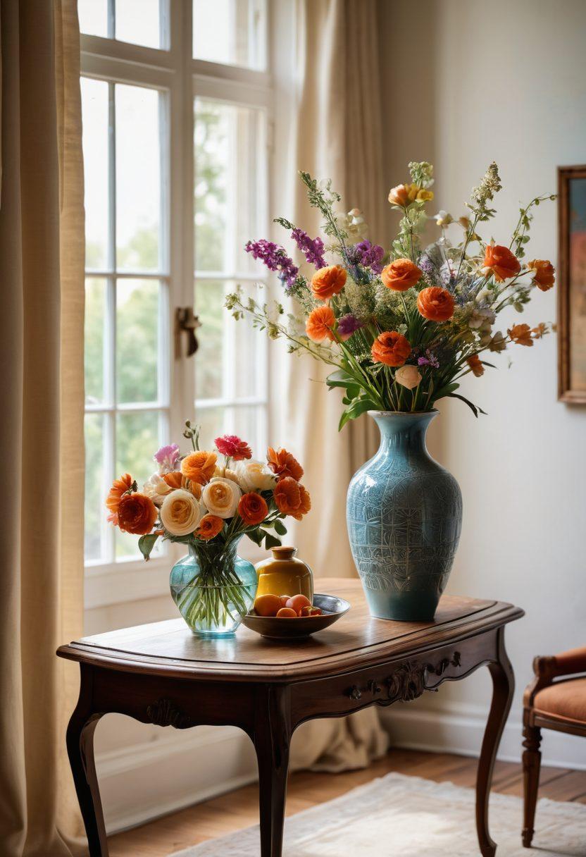 A beautifully arranged display of exquisite vintage and modern furniture pieces, showcasing detailed craftsmanship. Soft natural light filters in through a window, highlighting the textures and colors of each item. An elegant handcrafted vase with fresh flowers sits on a polished wooden table, surrounded by rich fabrics and artful design elements. The background features an artistically styled living space that exudes timeless elegance. super-realistic. vibrant colors. soft lighting.