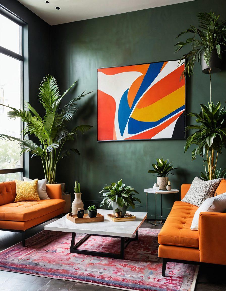A stylish and modern interior space featuring unique furniture and decor pieces from VandM, showcasing the latest design trends. Incorporate vibrant colors and innovative layouts that inspire creativity and elevate aesthetics. Add touches of greenery with houseplants and warm lighting to create an inviting atmosphere. Highlight a blend of contemporary and artistic elements for a striking visual impact. super-realistic. vibrant colors. soft lighting.