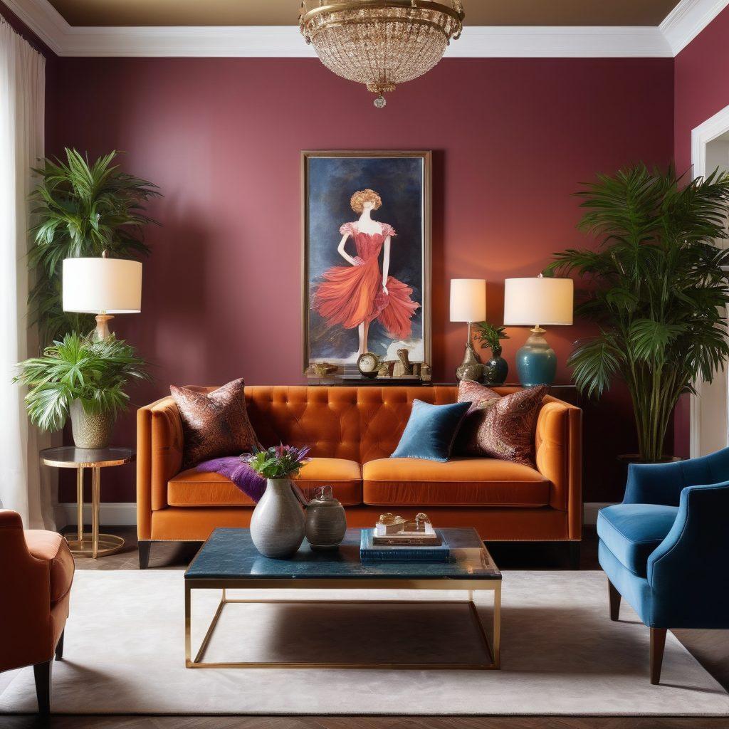 A sophisticated living space showcasing a blend of high-fashion clothing and luxurious home decor, featuring elegant textures and rich colors. Incorporate a mannequin dressed in a stylish outfit amidst chic furniture, artful accessories, and lush indoor plants. Soft lighting should enhance the ambience, creating a warm and inviting atmosphere. The overall scene should represent the convergence of fashion and decor, encapsulating a lifestyle of elegance and sophistication. super-realistic. vibrant colors.